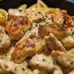 Creamy Cajun chicken pasta served in a bowl with vegetables and herbs