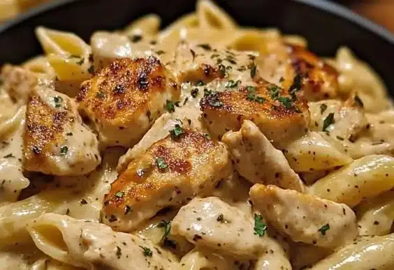 Creamy Cajun chicken pasta served in a bowl with vegetables and herbs