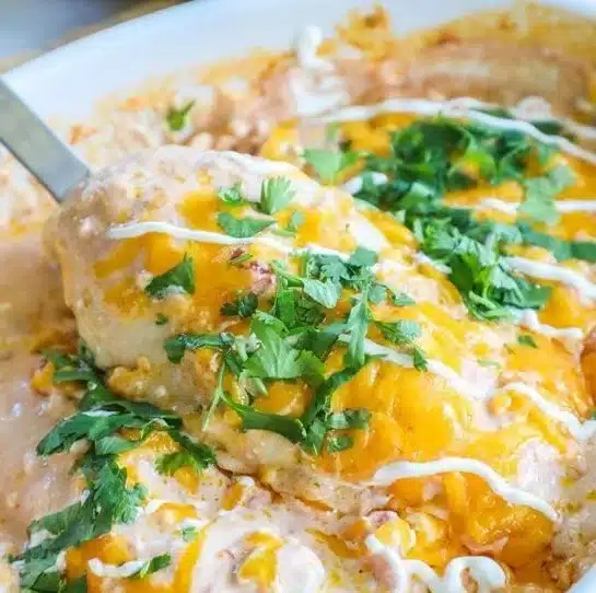 Creamy salsa chicken dish served with rice and garnished with cilantro