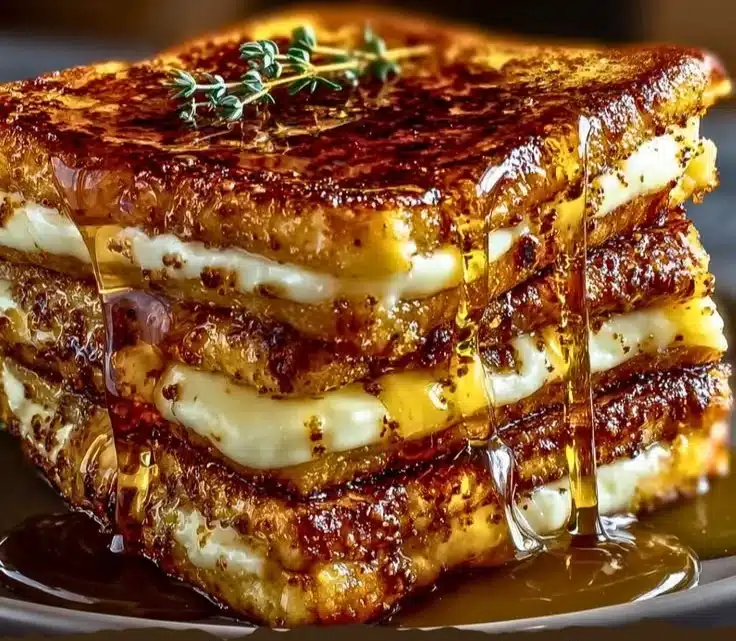 Delicious Crème Brûlée French Toast topped with caramelized sugar and fresh berries.