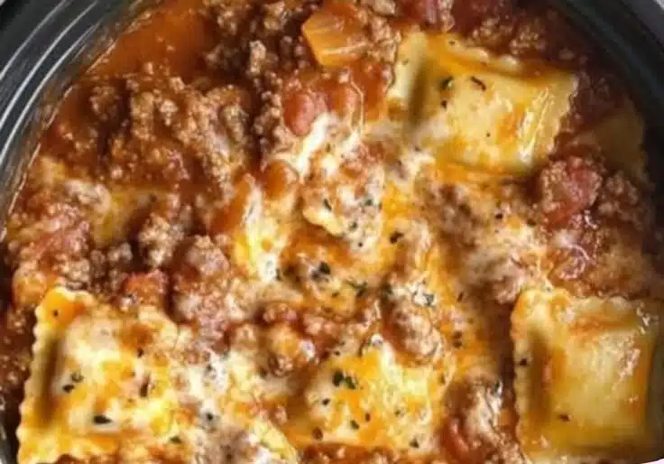 Delicious Crockpot Ravioli Lasagna prepared in a slow cooker