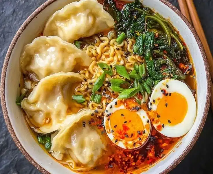 Delicious Dumpling Ramen Bowl with dumplings and savory broth.