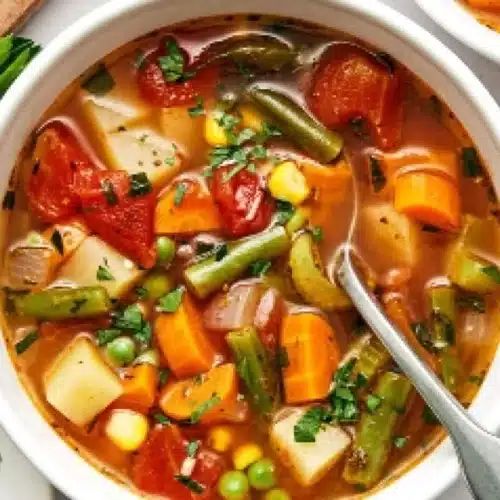 A bowl of easy vegetable soup filled with colorful vegetables.