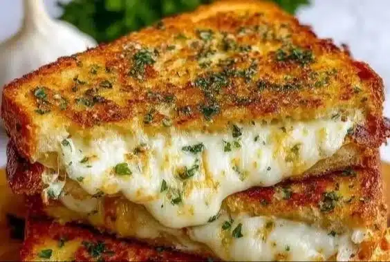 Delicious garlic bread grilled cheese sandwich with melted cheese oozing out
