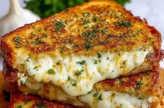 Garlic bread grilled cheese sandwich with melted cheese and crispy edges