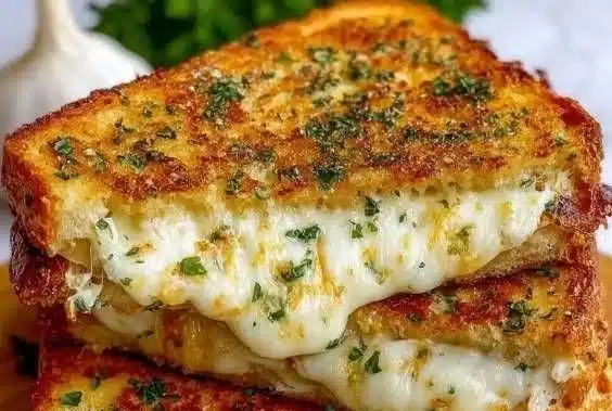 Delicious Garlic Bread Grilled Cheese sandwich with melted cheese