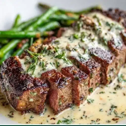 Garlic Butter Steak served with a creamy Parmesan sauce on a plate.