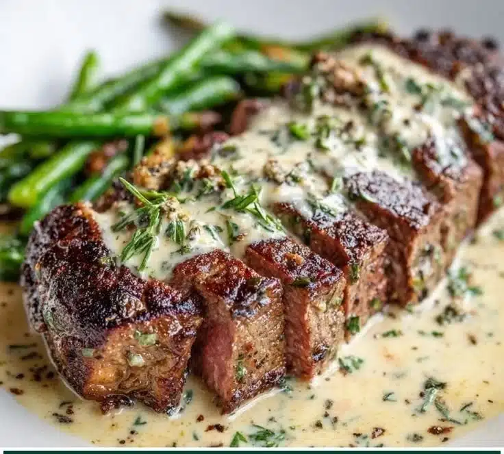 Garlic Butter Steak served with a creamy Parmesan sauce on a plate.