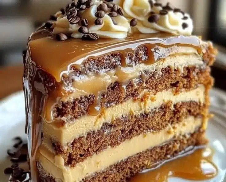 Decadent gooey coffee caramel cake with rich frosting and coffee drizzle