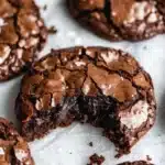 Gourmet brownie cookies stacked on a plate, showcasing their rich chocolate texture.