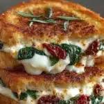 Gourmet grilled cheese sandwich with sun-dried tomatoes and spinach