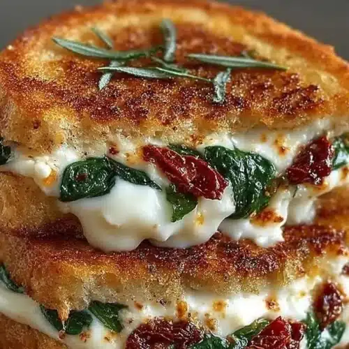 Gourmet grilled cheese sandwich with sun-dried tomatoes and spinach