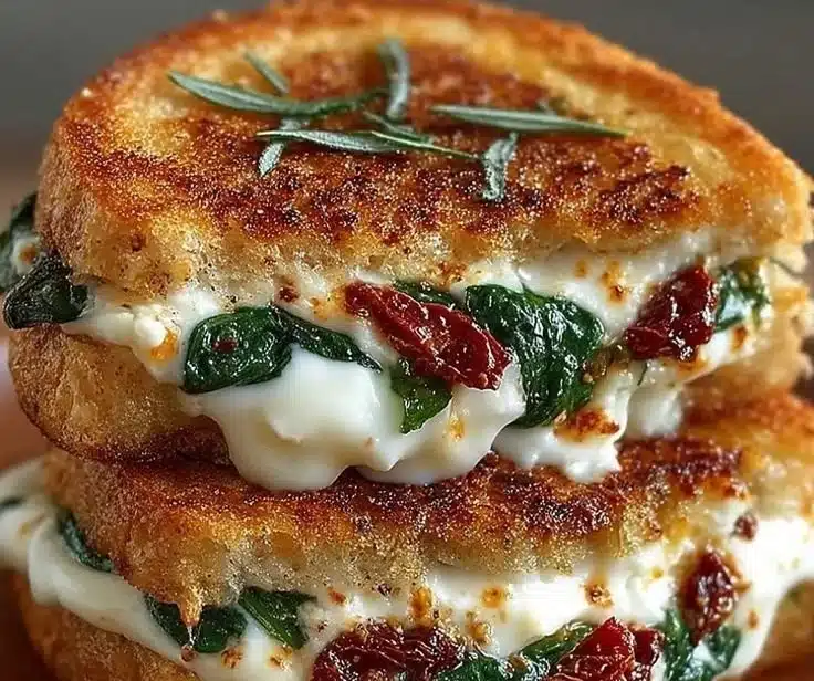 Gourmet grilled cheese sandwich with sun-dried tomatoes and spinach
