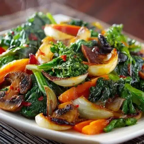 Plate of healthy sautéed vegetables with vibrant colors and textures.