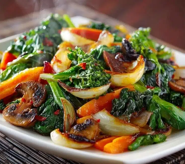 Plate of healthy sautéed vegetables with vibrant colors and textures.