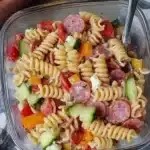 High protein Italian pasta salad with vegetables and dressing