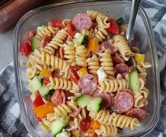 High protein Italian pasta salad with vegetables and dressing