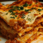 Delicious homemade lasagna served in a baking dish with cheese and herbs