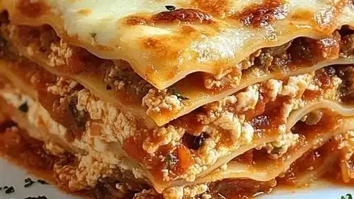 Delicious homemade lasagna served in a baking dish with cheese and herbs