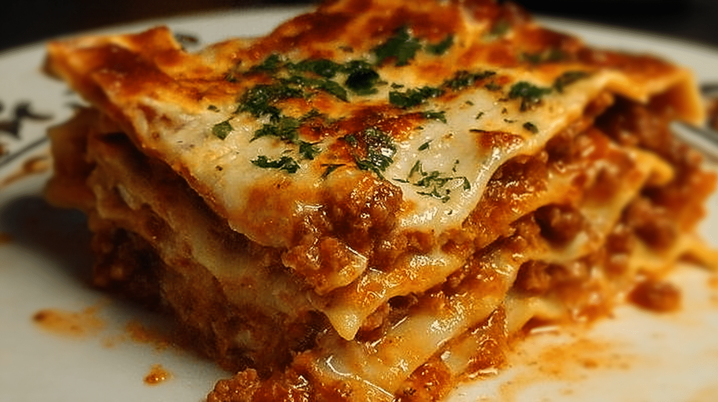 Delicious homemade lasagna served in a baking dish with cheese and herbs
