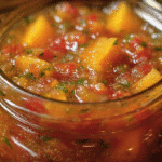 Bowl of homemade peach salsa with fresh ingredients and herbs