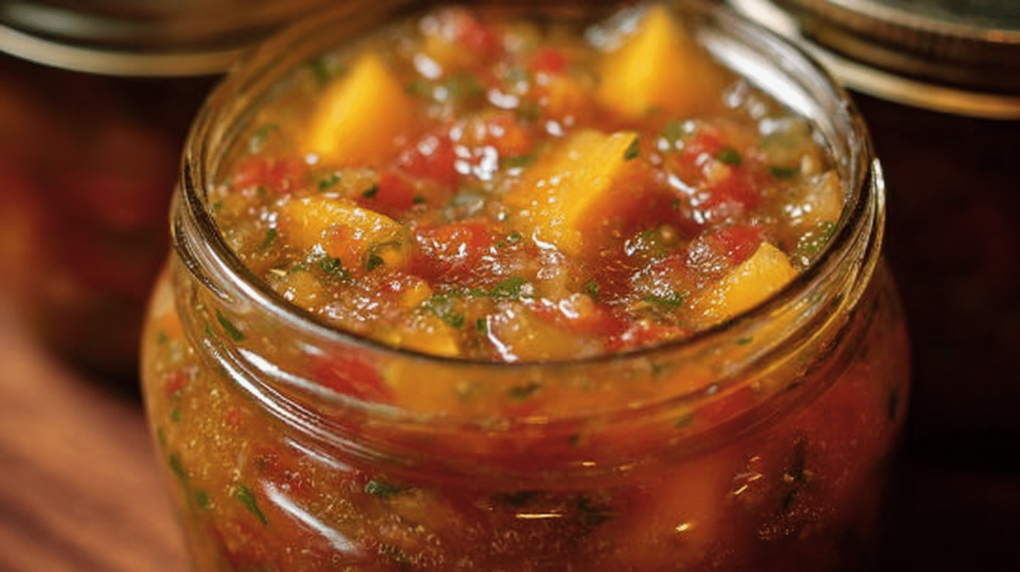 Bowl of homemade peach salsa with fresh ingredients and herbs