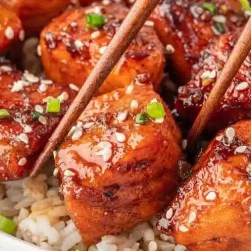 Delicious Honey Garlic Salmon Bites served on a platter