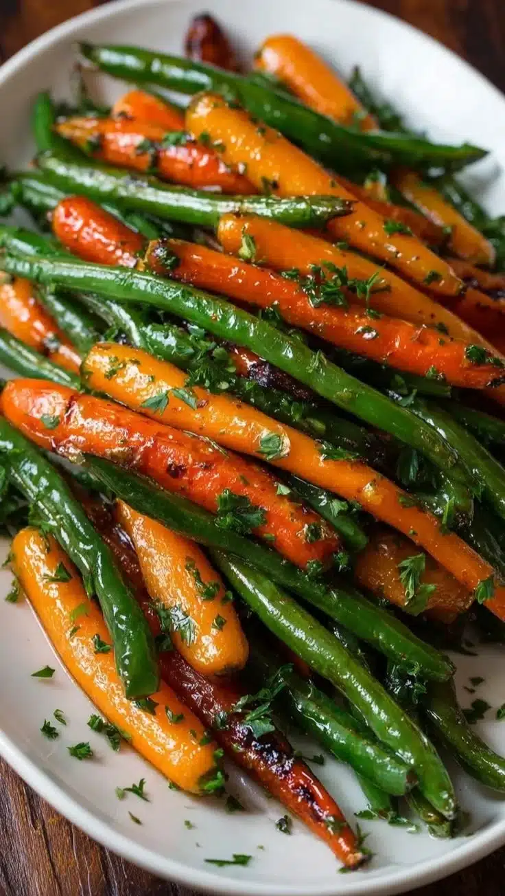 Bowl of honey glazed carrots and green beans garnished with herbs