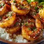 Delicious honey garlic shrimp served in a bowl with rice and vegetables.