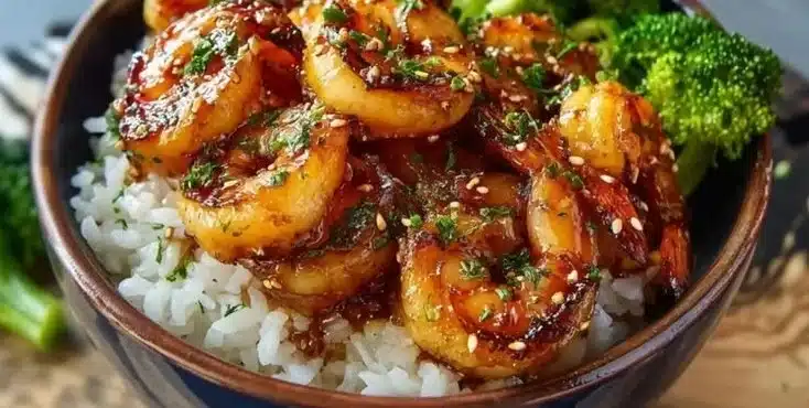 Delicious honey garlic shrimp served in a bowl with rice and vegetables.