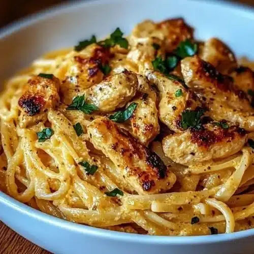 Easy Cowboy Butter Chicken Linguine served in a bowl with fresh parsley garnish