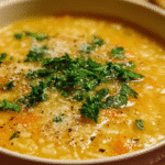 Bowl of Italian Penicillin Soup garnished with herbs and spices.