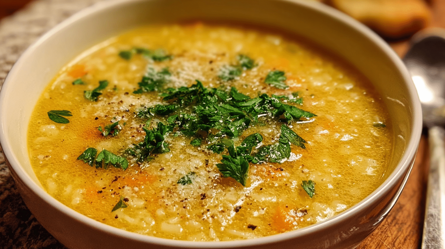 Bowl of Italian Penicillin Soup garnished with herbs and spices.