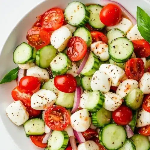 Juicy Cucumber Caprese Salad with cucumbers, mozzarella, and fresh basil