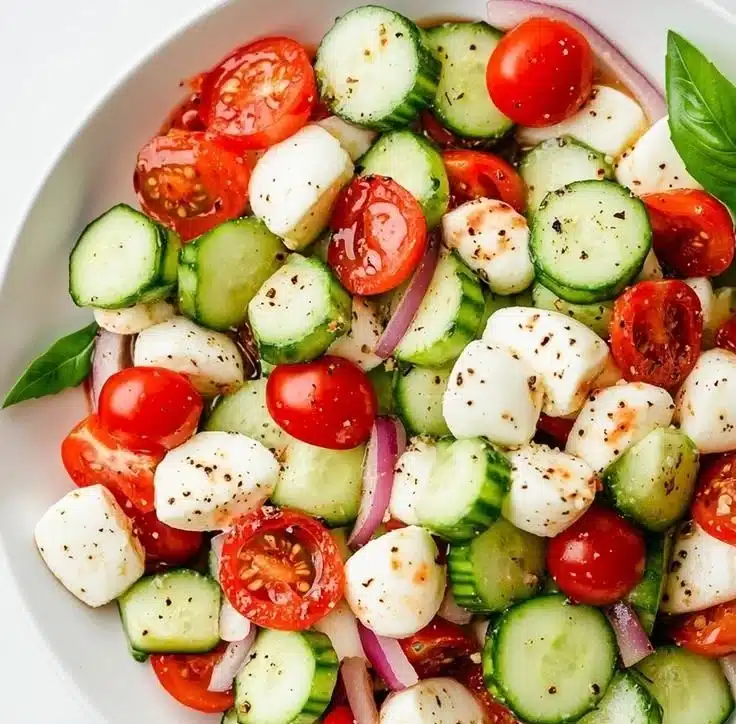 Juicy Cucumber Caprese Salad with cucumbers, mozzarella, and fresh basil