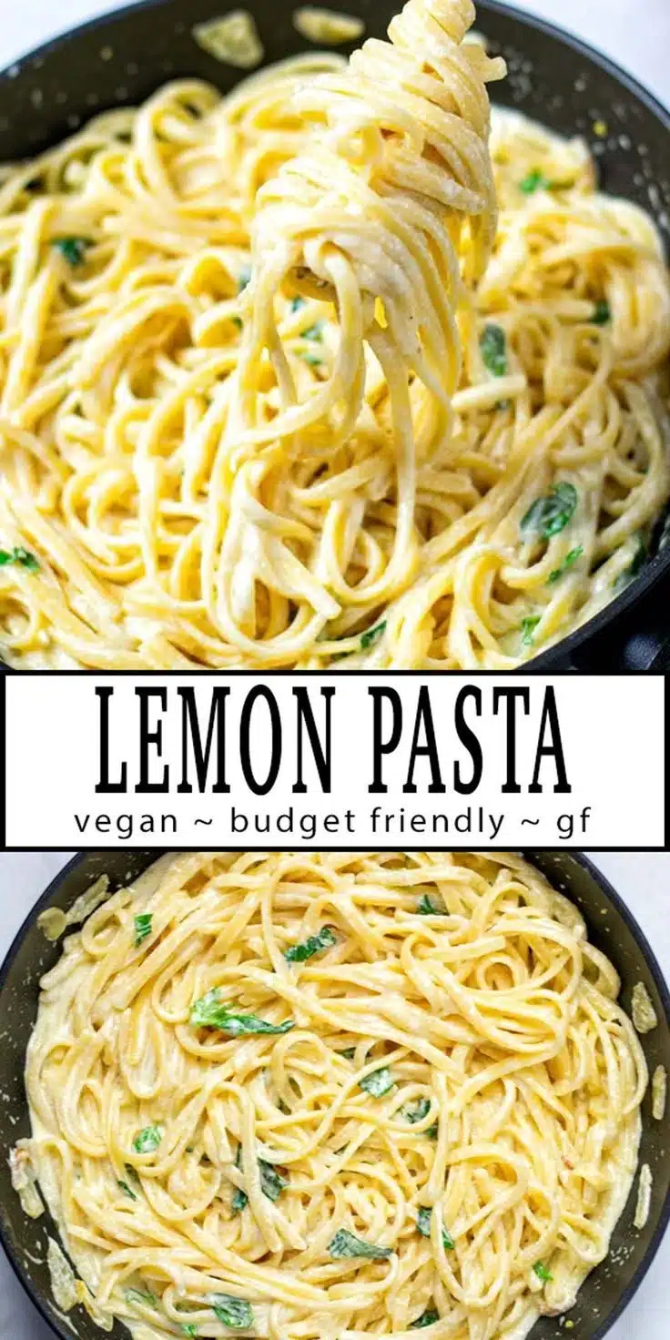 A vibrant plate of lemon pasta garnished with fresh herbs