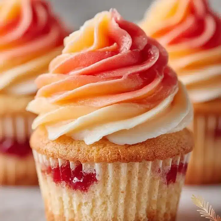 Vibrant Mango Strawberry Cupcakes topped with fresh fruit and frosting