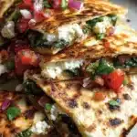 Mediterranean Quesadillas with spinach, feta, mozzarella, and red onion on a wooden table.