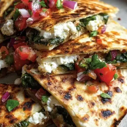 Mediterranean Quesadillas with spinach, feta, mozzarella, and red onion on a wooden table.
