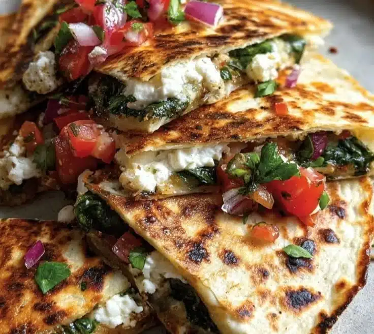 Mediterranean Quesadillas with spinach, feta, mozzarella, and red onion on a wooden table.