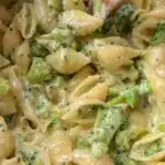 One pot healthy broccoli mac and cheese in a bowl with broccoli florets