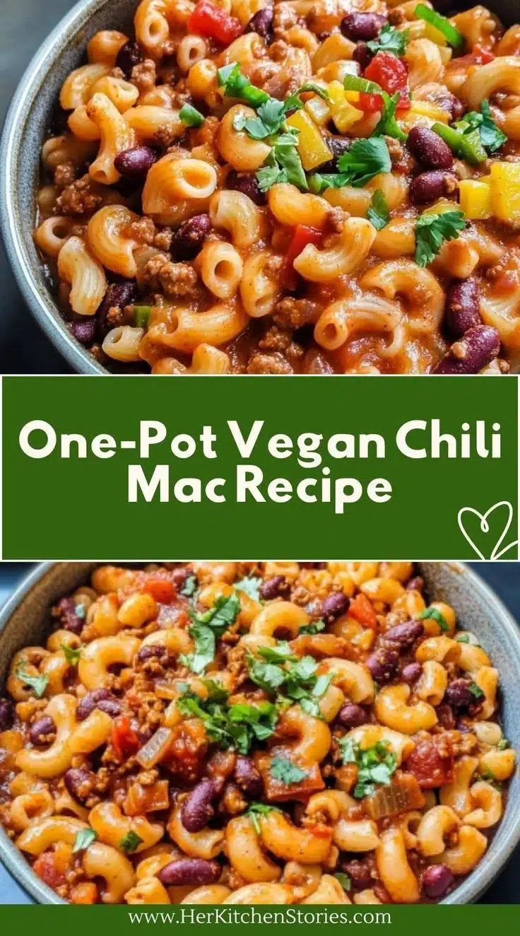 Delicious one-pot vegan chili mac topped with fresh herbs and spices.