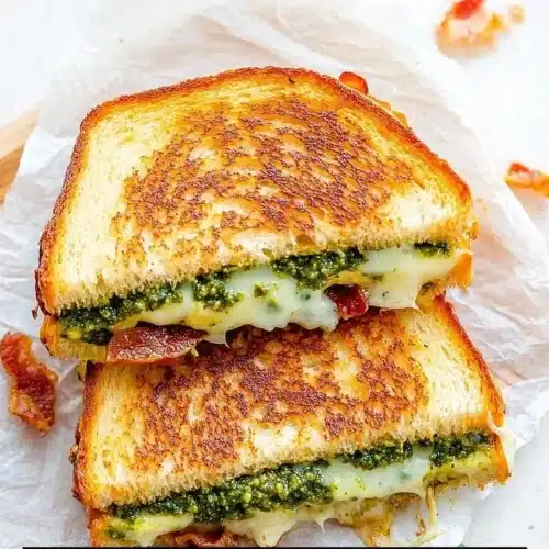 Pesto Grilled Cheese sandwich with melted cheese and basil pesto.