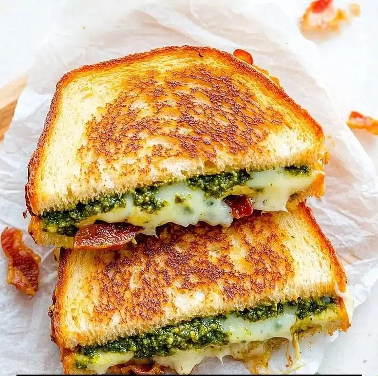Pesto Grilled Cheese sandwich with melted cheese and basil pesto.