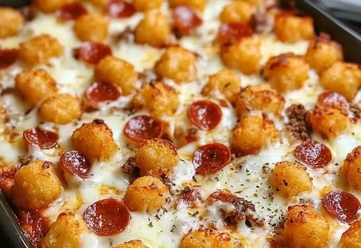 Delicious Pizza Tot Casserole served in a baking dish with toppings