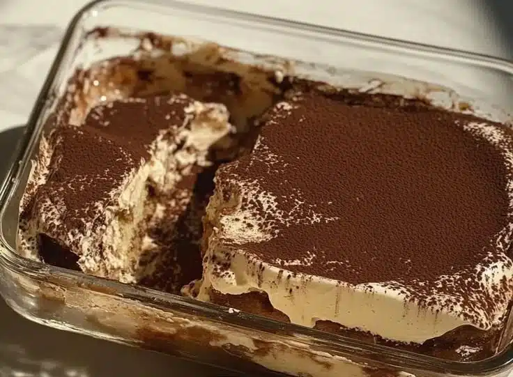Delicious protein-packed tiramisu dessert served in a glass dish