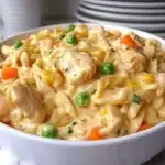 Delicious Chicken Pot Pie Pasta served in a bowl with fresh herbs