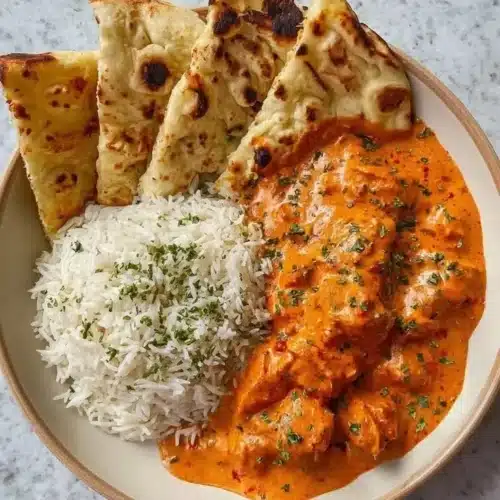 Delicious homemade butter chicken served with naan and rice
