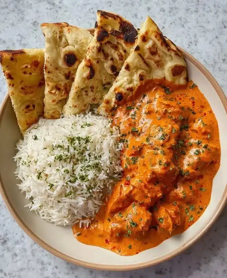 Delicious homemade butter chicken served with naan and rice