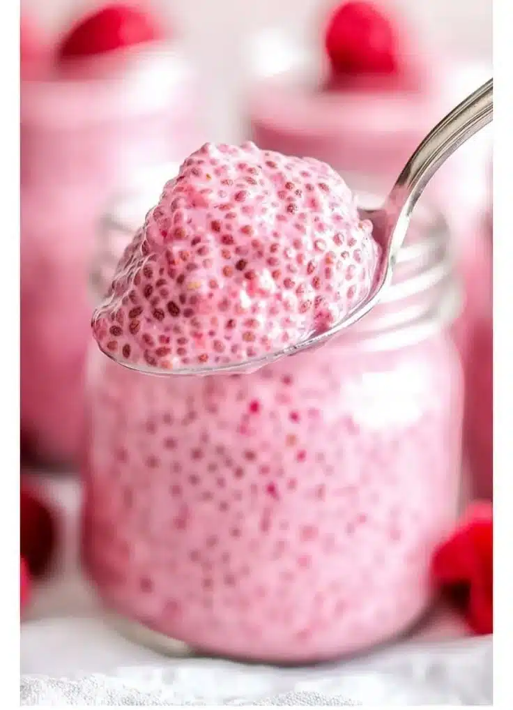 Raspberry chia pudding topped with fresh raspberries and drizzled with maple syrup